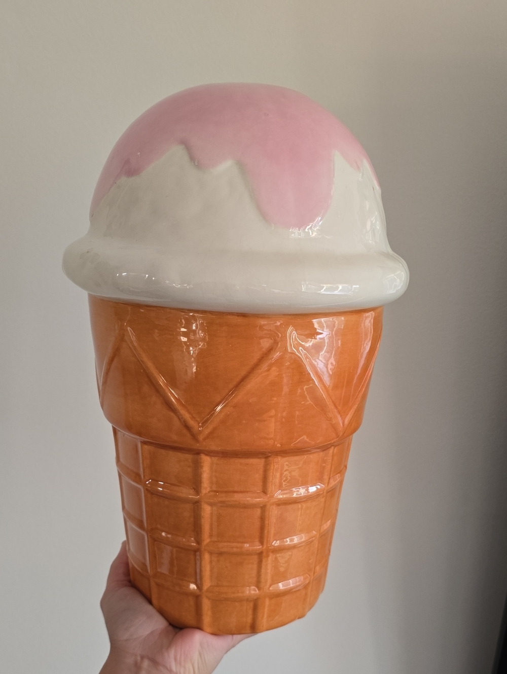 Vintage 13” Ceramic Ice Cream Cone Coin Bank Pink Oversized Signed Joss